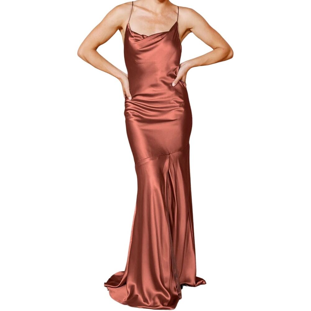 Revelry Kimora Satin Dress Lace Up Back Bridal Cowl Neck Wedding Copper Brown 0